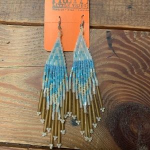 Light Blue, White, Gold Beaded Earrings